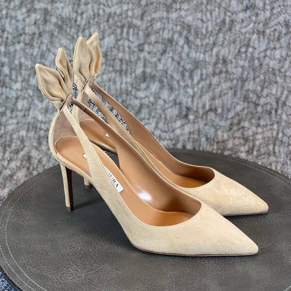 Aquazzura Bow Tie Pump 85mm Heels Nude Size 37 - Picture 2 of 15